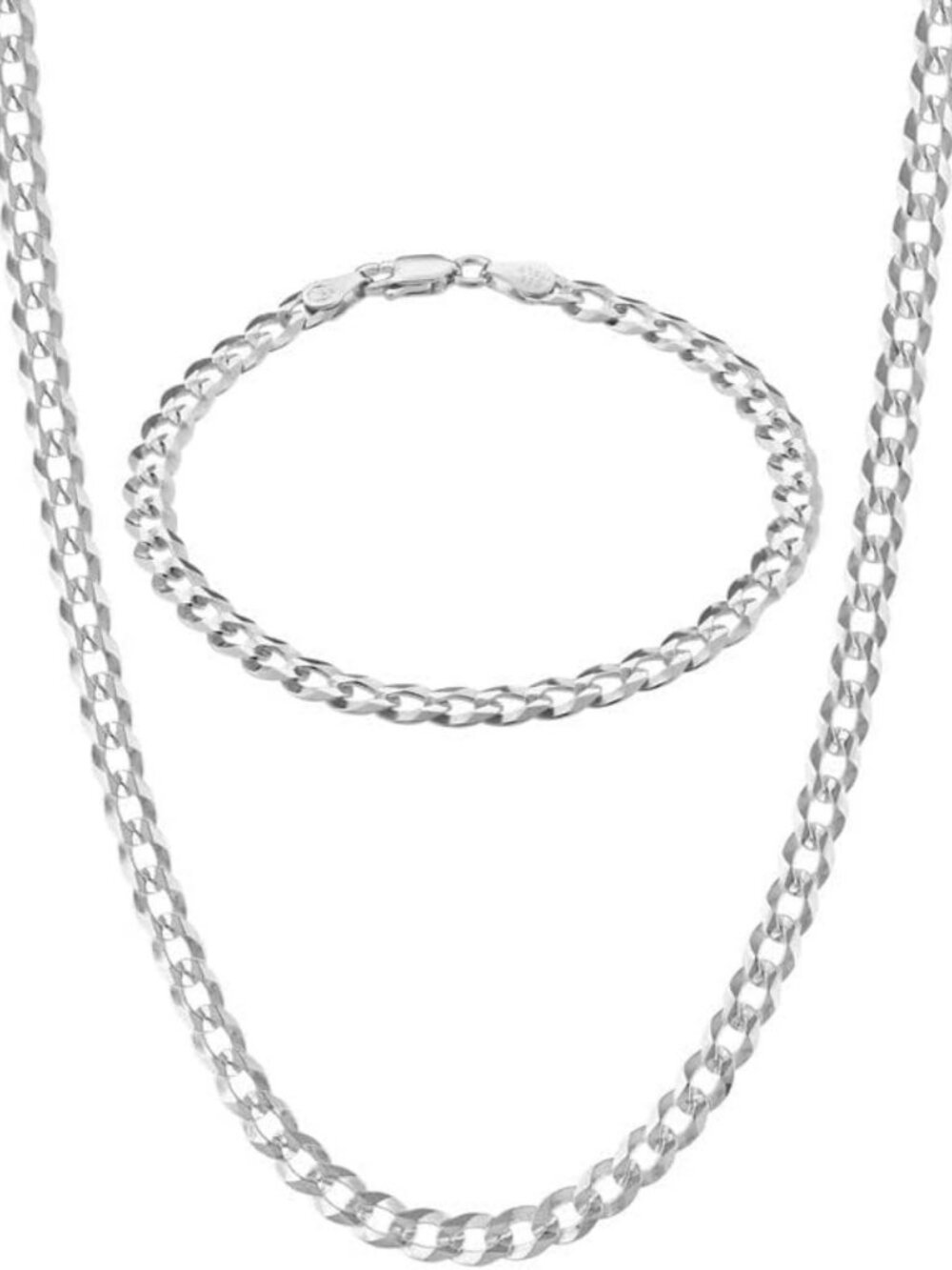 925 Sterling Silver Cuban Link Chain Necklace & Bracelet Set - 24” & 7” Lengths